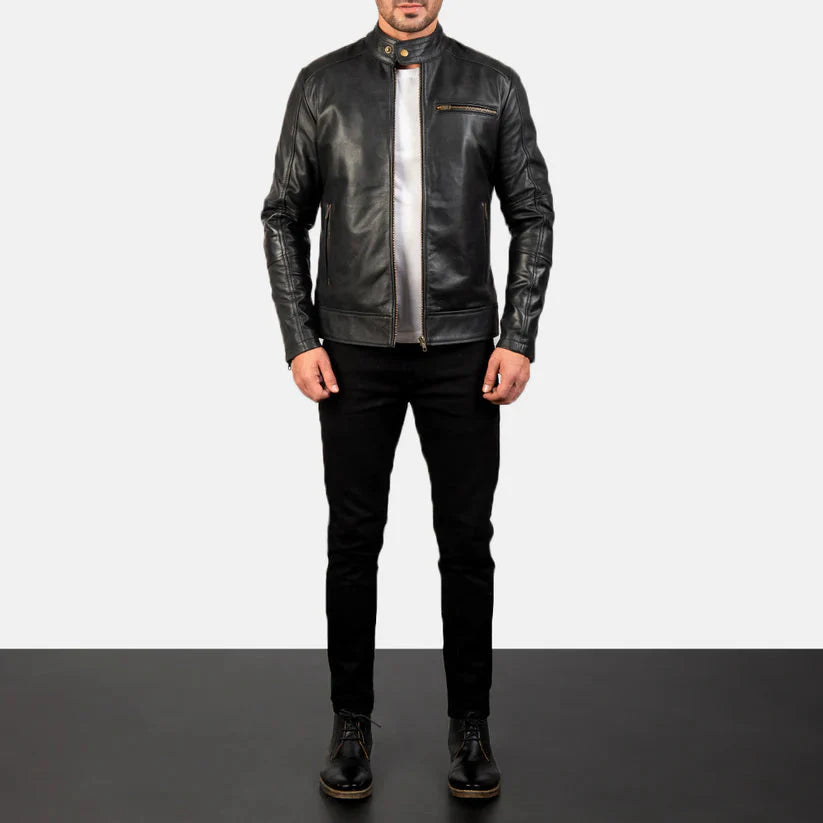 Black Real Leather Biker Jacket LSM-0002