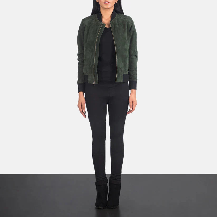 Green Suede Bomber Jacket Real Leather LSW-0011