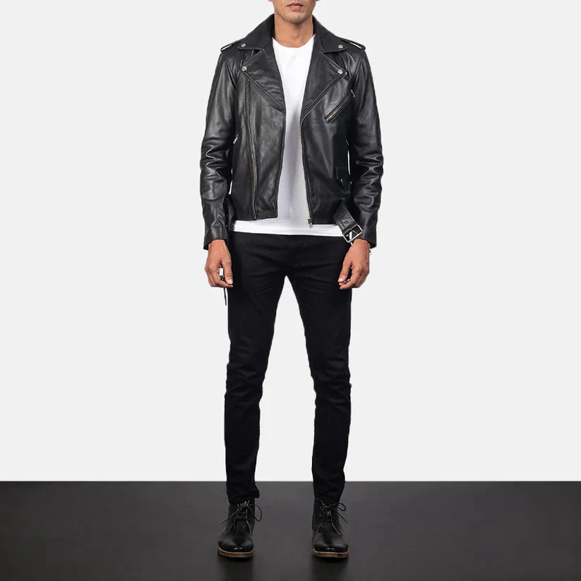Black Real Leather Biker Jacket LSM-0003