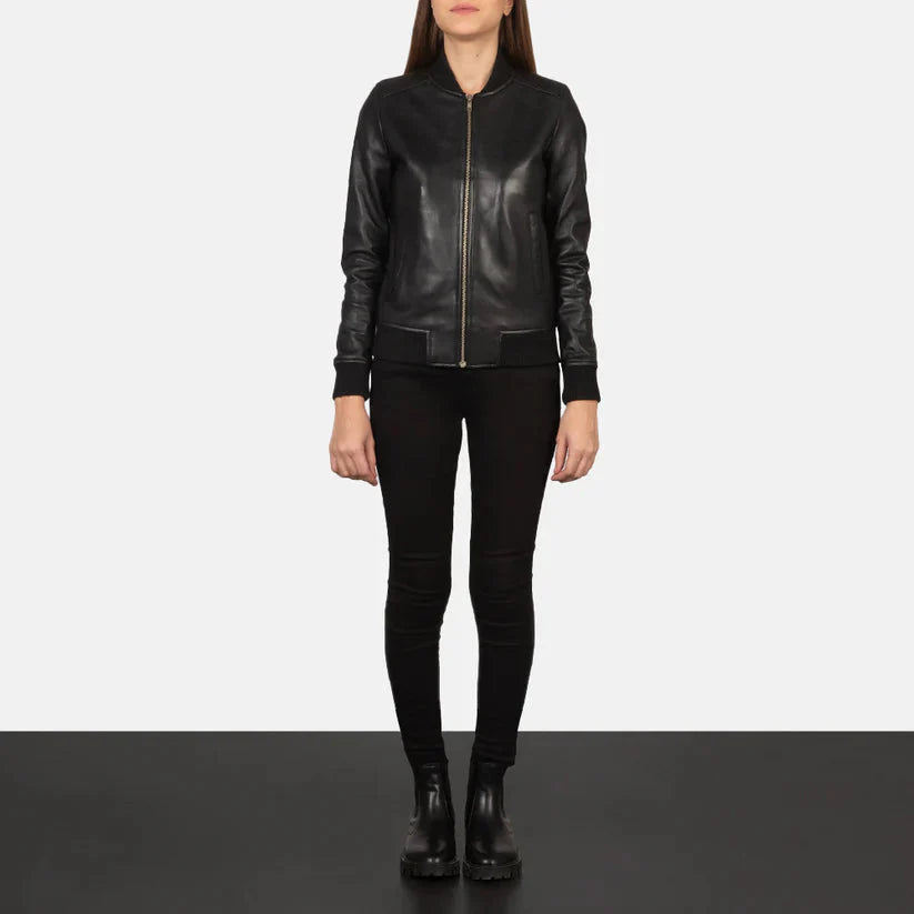 Black Real Leather Bomber Jacket LSW-0004