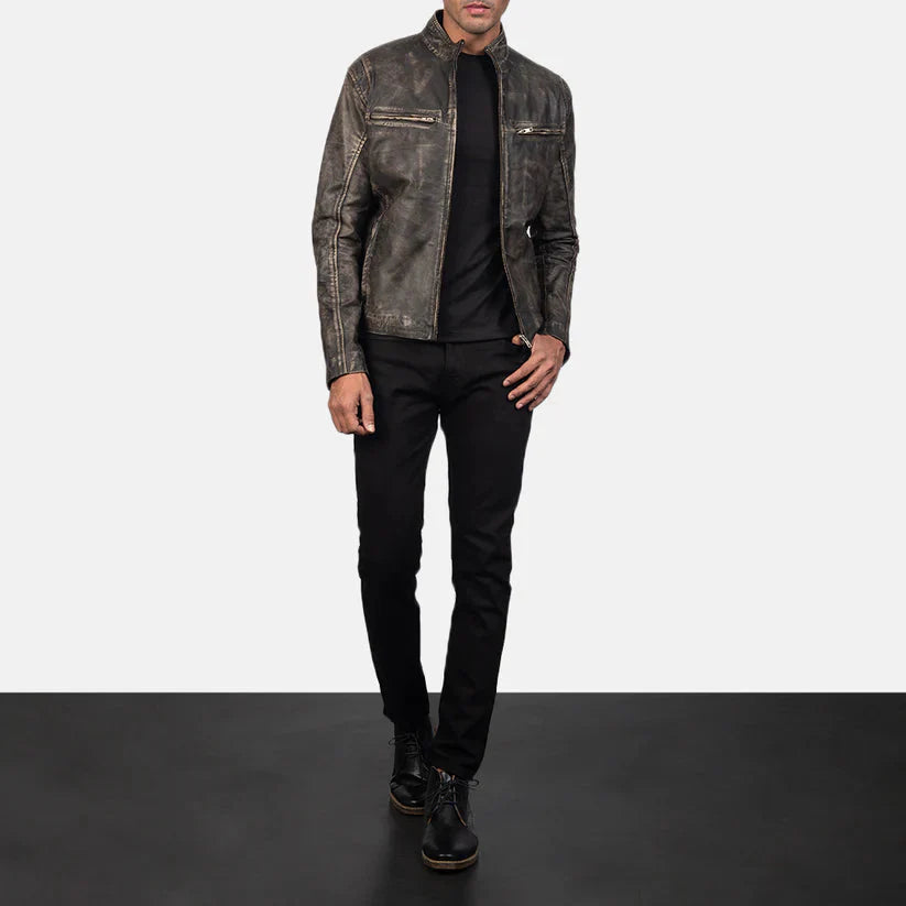 Distressed Brown Real Leather Biker Jacket LSM-0008