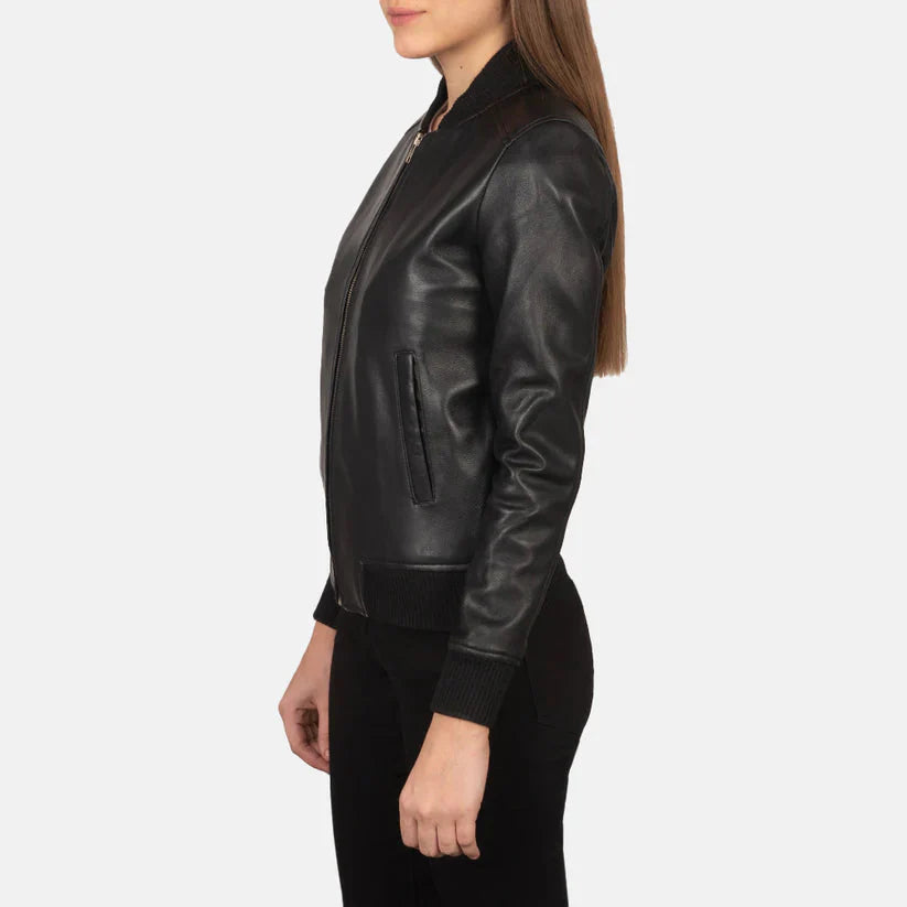 Black Real Leather Bomber Jacket LSW-0004
