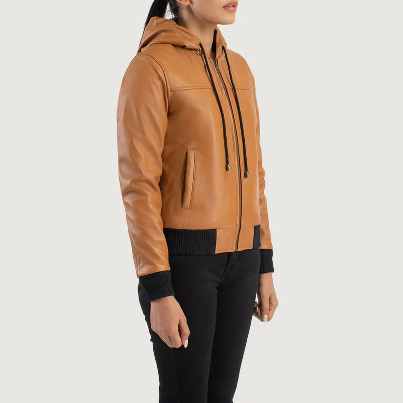 Brown Hooded Leather Bomber Jacket LSW-0005