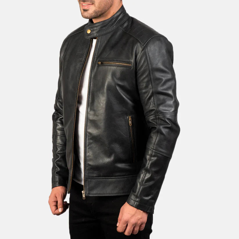 Black Real Leather Biker Jacket LSM-0002