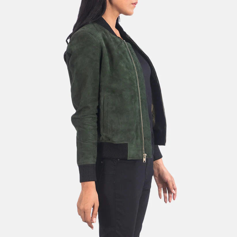 Green Suede Bomber Jacket Real Leather LSW-0011