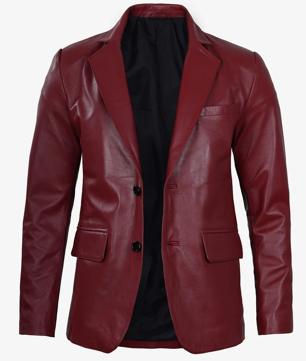 Men's Notch Lapel Maroon Leather Blazer – Two Button LSM-0067