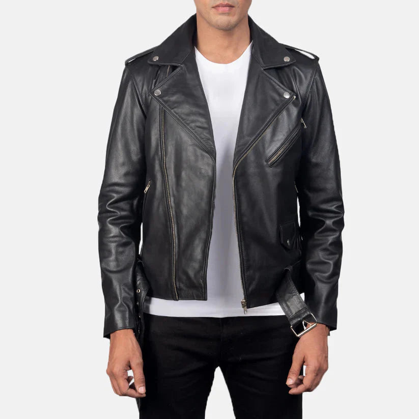 Black Real Leather Biker Jacket LSM-0003