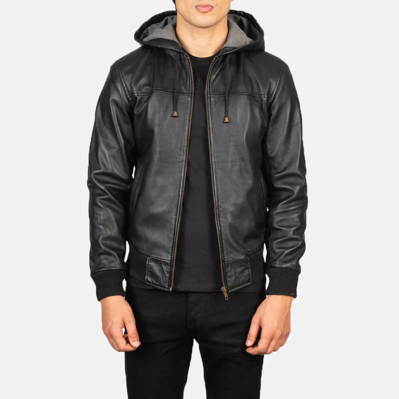 Black Hooded Real Leather Bomber Jacket LSM-0001