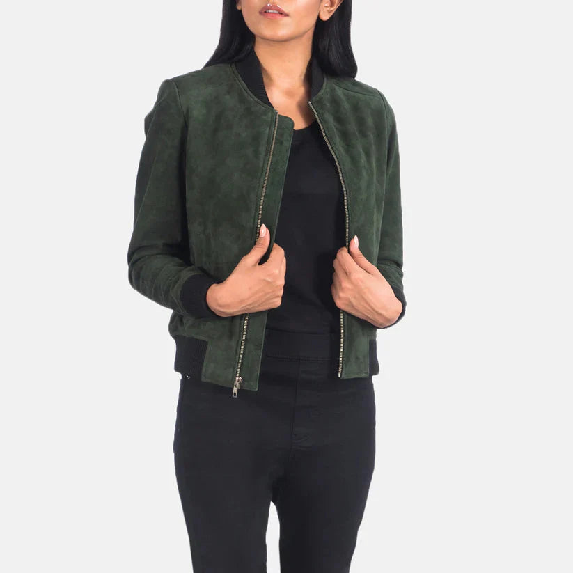 Green Suede Bomber Jacket Real Leather LSW-0011