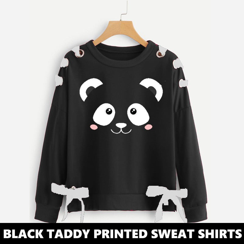 11-ELEVEN SALE:  BLACK TEDDY RIBBON EYELET PRINTED SWEAT SHIRT