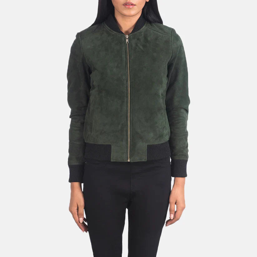 Green Suede Bomber Jacket Real Leather LSW-0011