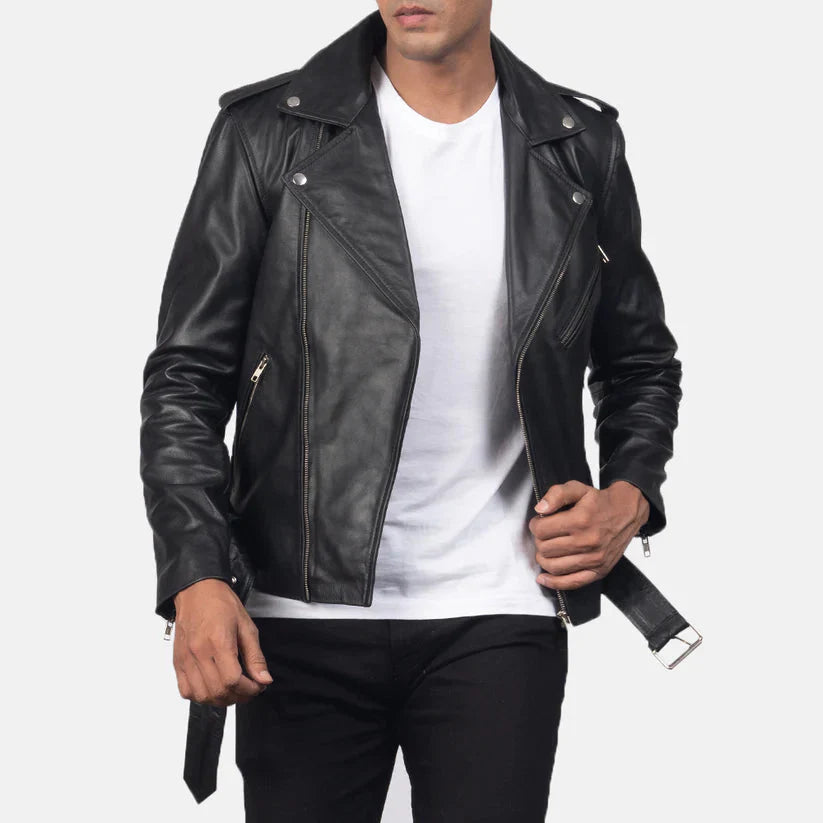 Black Real Leather Biker Jacket LSM-0003