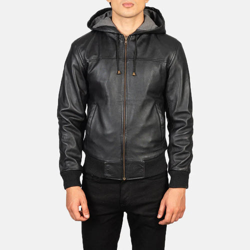 Black Hooded Real Leather Bomber Jacket LSM-0001
