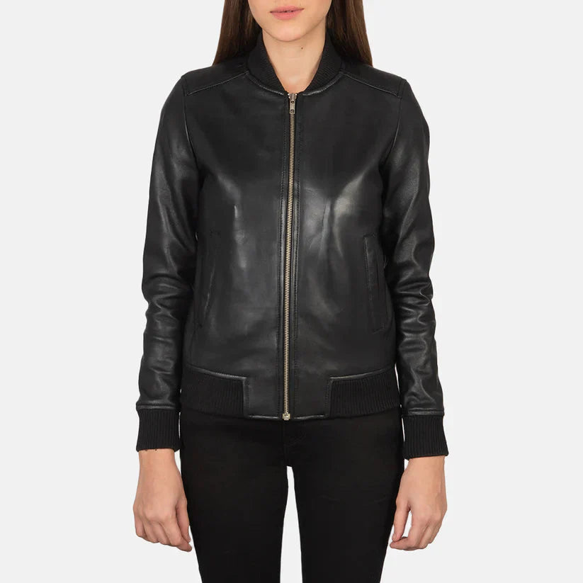 Black Real Leather Bomber Jacket LSW-0004