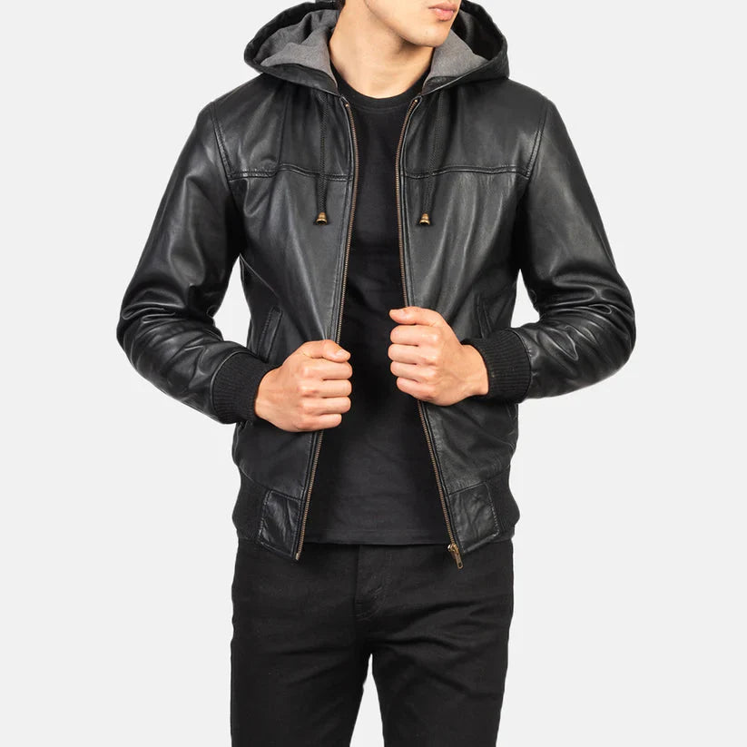 Black Hooded Real Leather Bomber Jacket LSM-0001