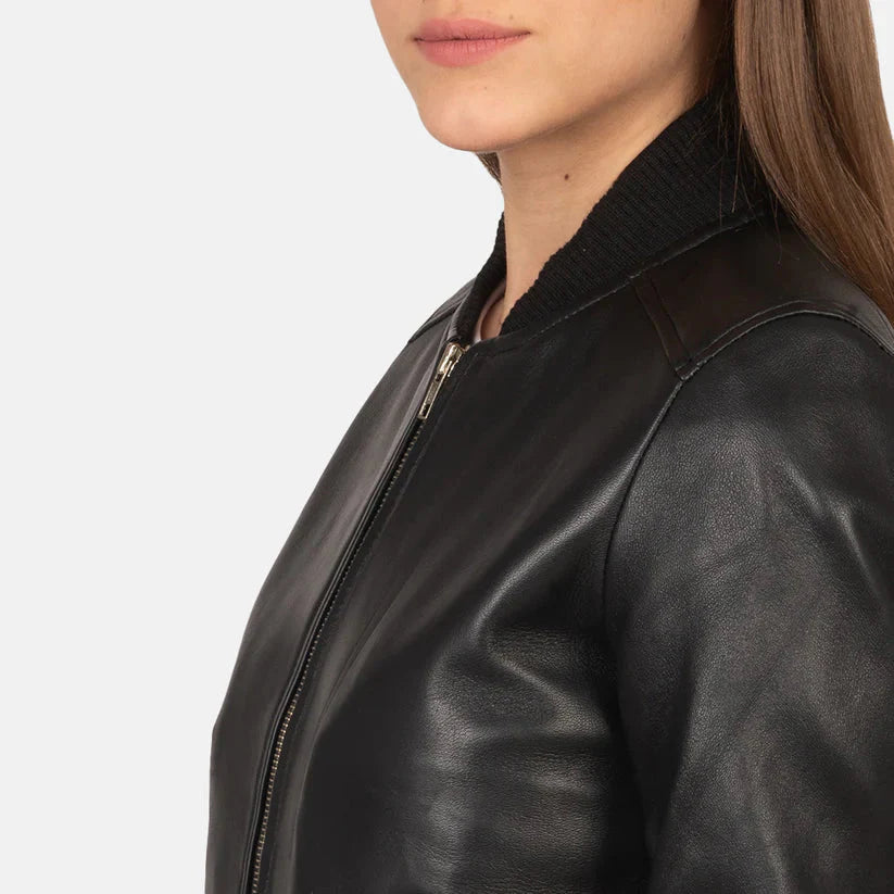 Black Real Leather Bomber Jacket LSW-0004