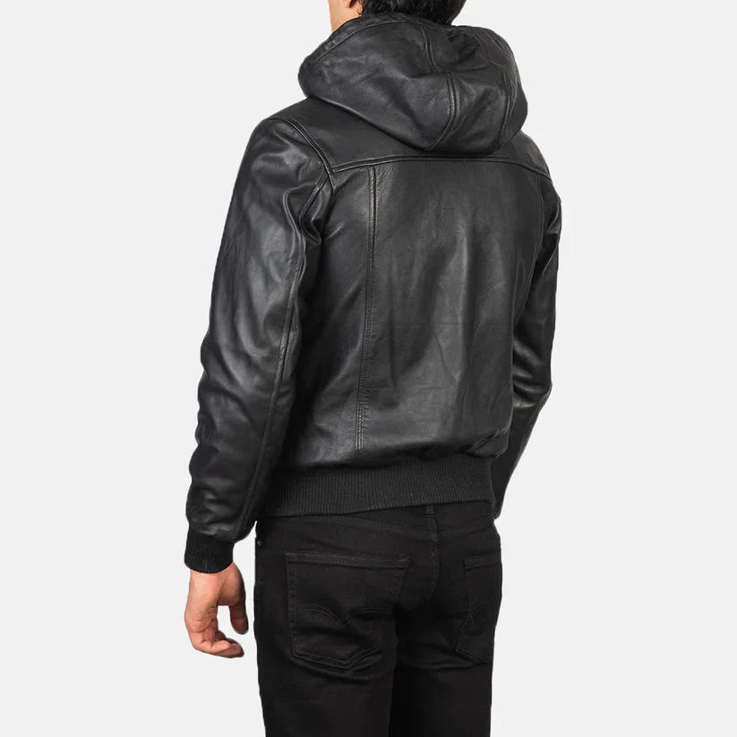 Black Hooded Real Leather Bomber Jacket LSM-0001