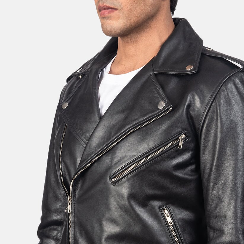 Black Real Leather Biker Jacket LSM-0003
