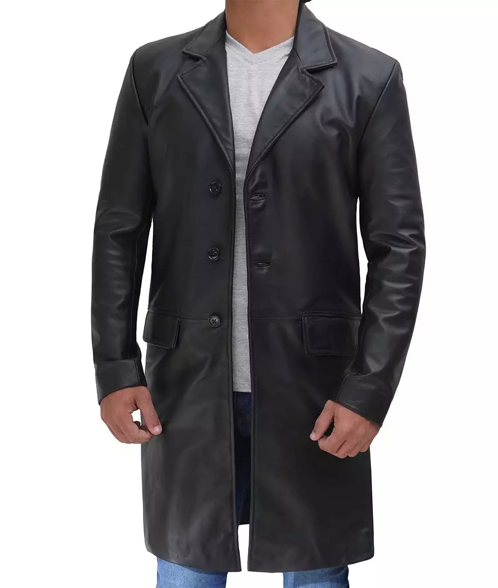 Men's Cowhide Black Long Leather Coat LSM-0077