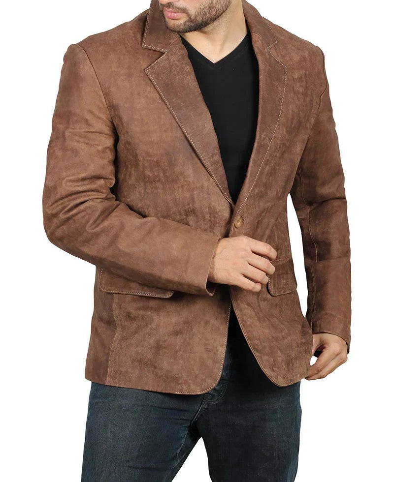 Mens Exclusive Two Button Real Leather Brown Blazer LSM-0069