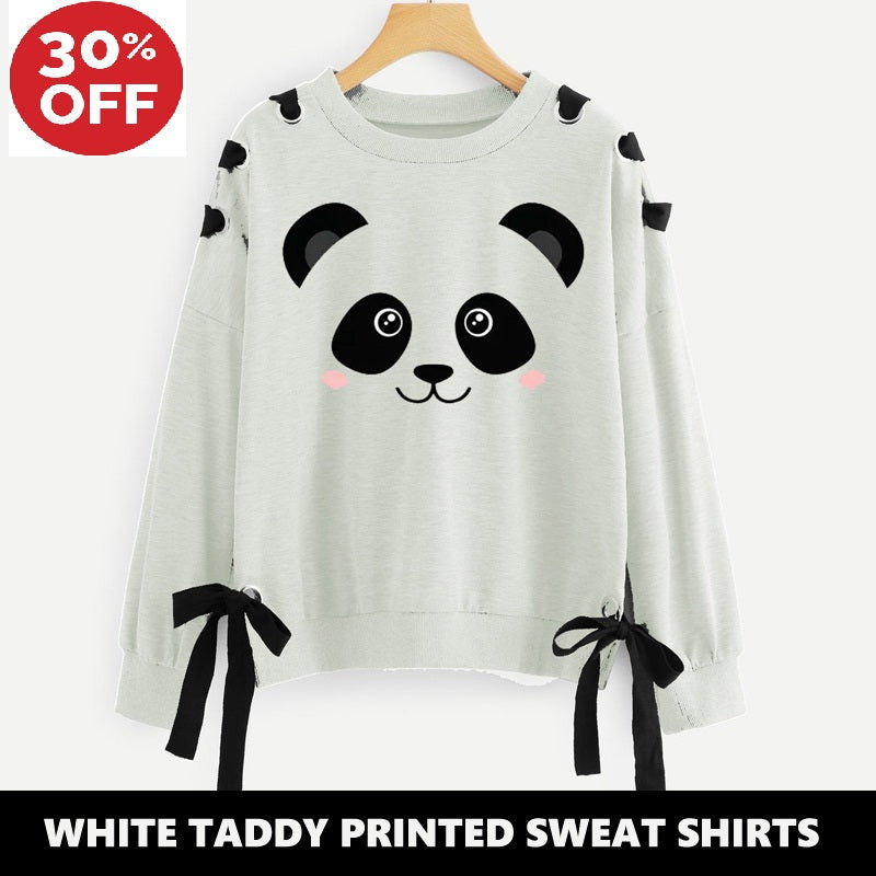 11-ELEVEN SALE: WHITE TEDDY RIBBON EYELET PRINTED SWEAT SHIRT