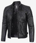 Men's Black Café Racer Leather Jacket with Padded Shoulders LSM-0014