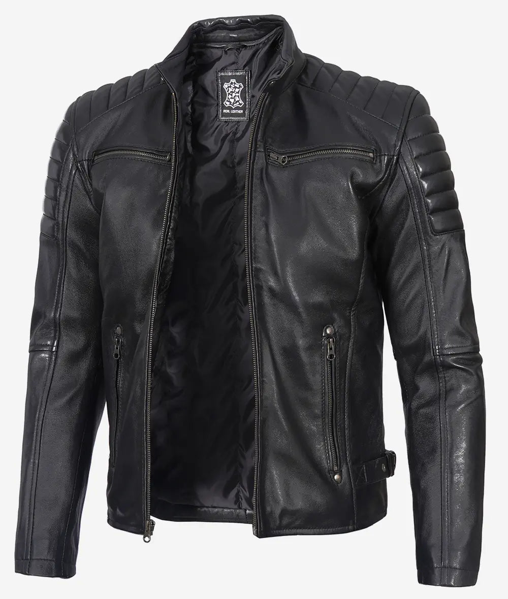 Men's Black Café Racer Leather Jacket with Padded Shoulders LSM-0014