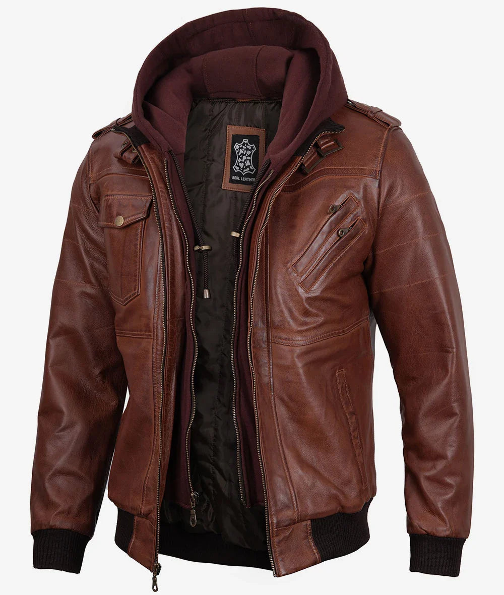 Mens Brown Leather Bomber Jacket With Removable Hood LSM-0041