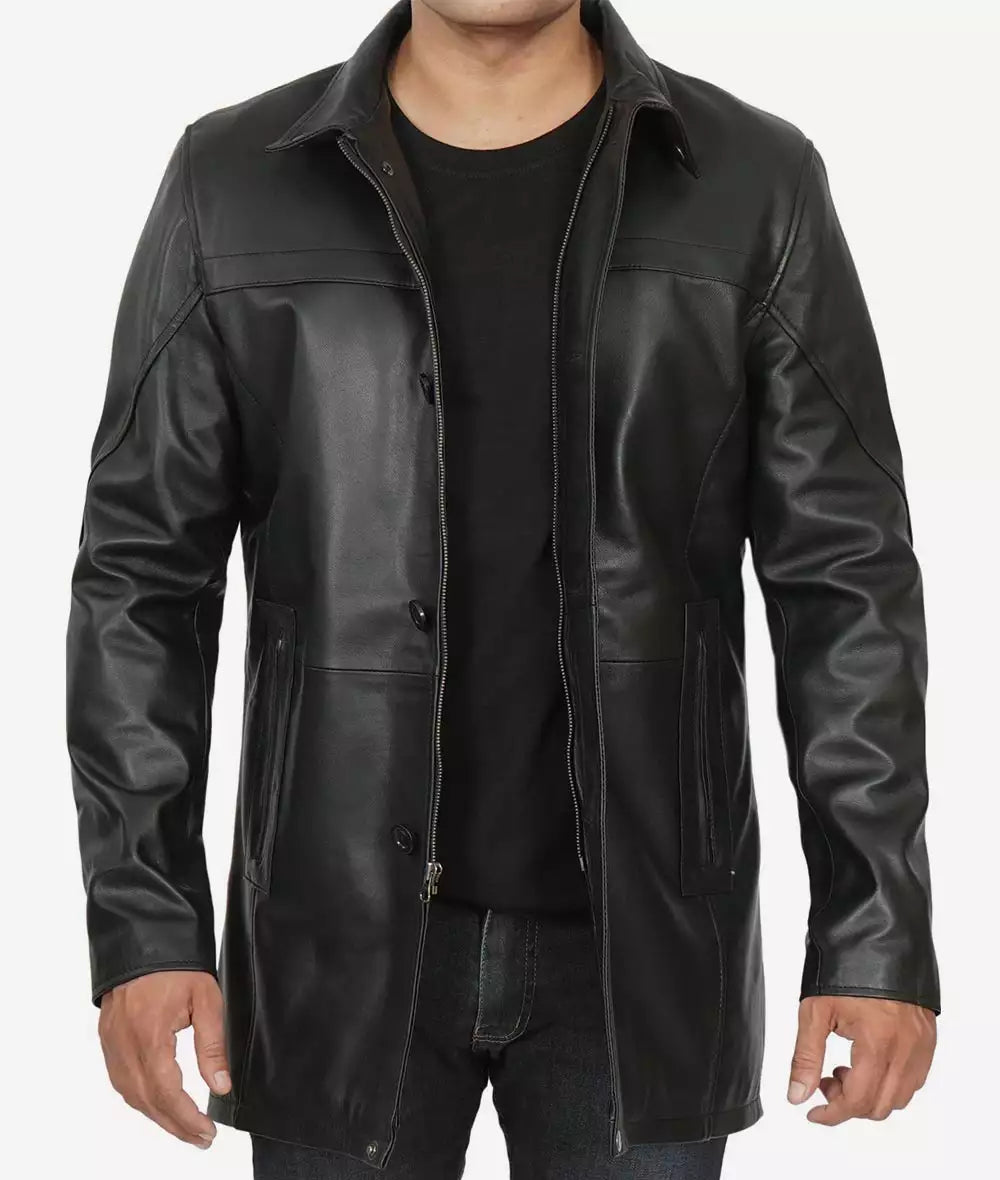 Bristol Mens Black Leather Car Coat - 3/4 Length Coat LSM-0075