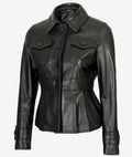 Gladys Women's Black Peplum Leather Jacket LSW-0061