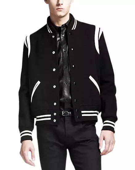 Black Letterman Jacket With White Detailing - Wool Blend LSM-0063
