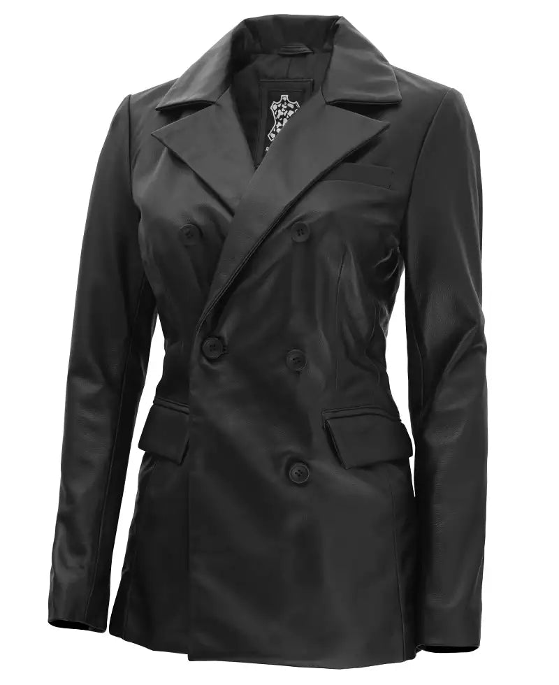 Notch Lapel Collar Double Breasted Black Leather Coat Women LSW-0085