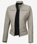Dodge Beige Cafe Racer Leather Jacket for Women LSW-0009