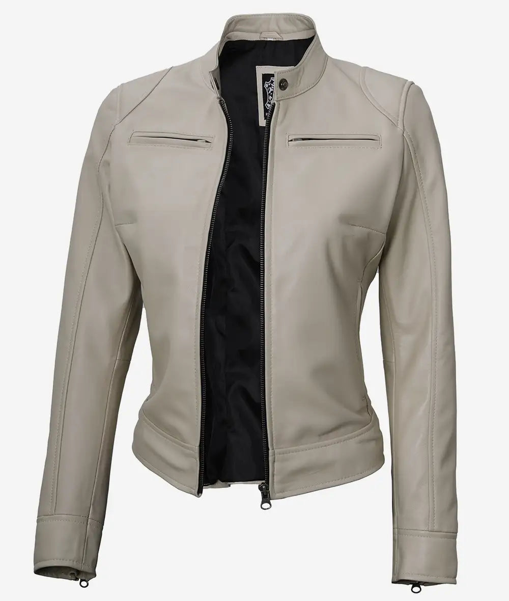 Dodge Beige Cafe Racer Leather Jacket for Women LSW-0009