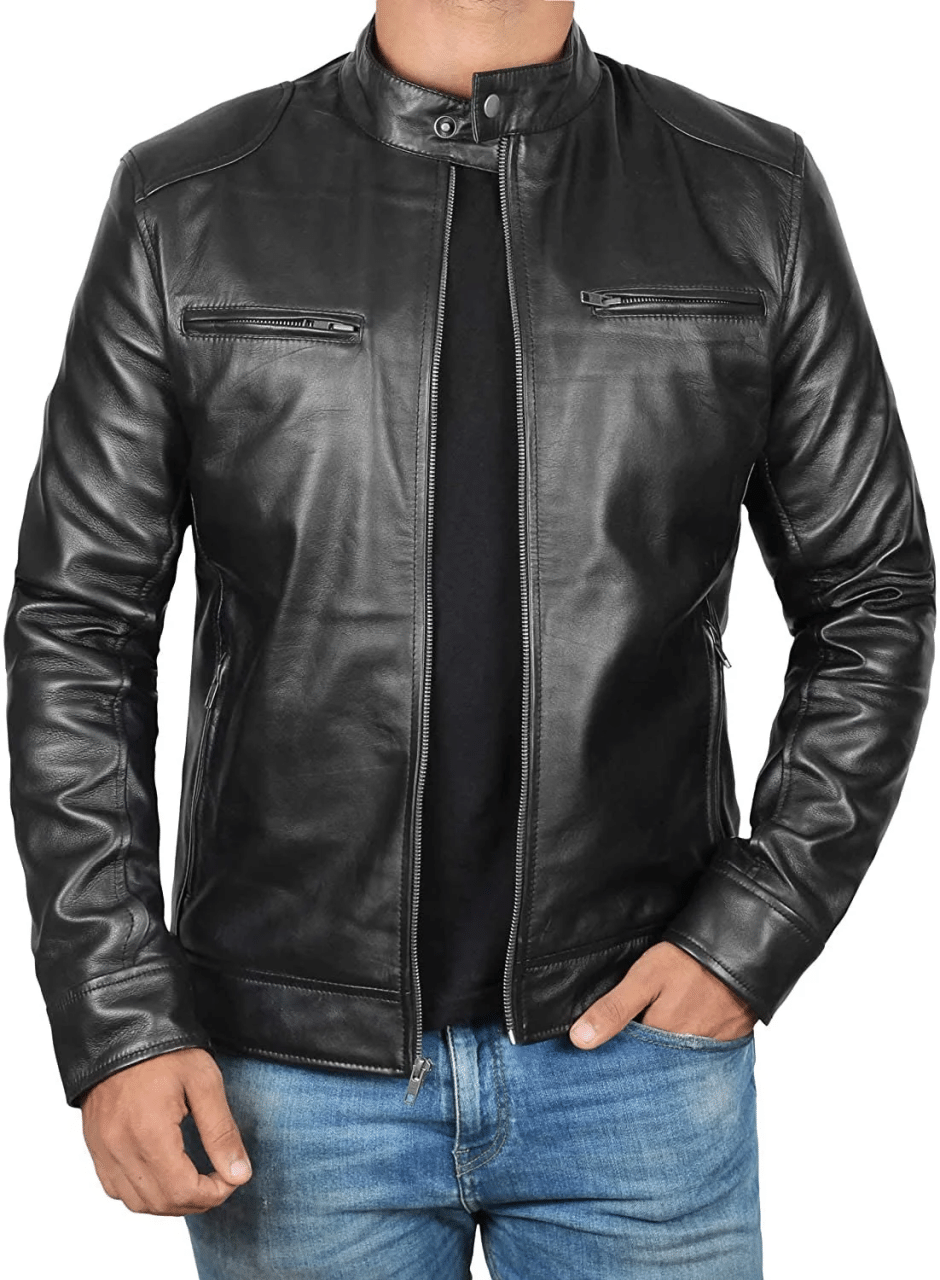 Men's Black Lambskin Leather Cafe Racer Jacket LSM-0015