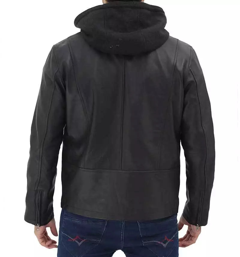 Men's Cafe Racer Black Leather Jacket with Removable Hood LSM-0019