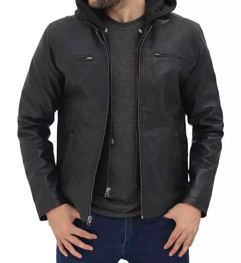 Men's Cafe Racer Black Leather Jacket with Removable Hood LSM-0019