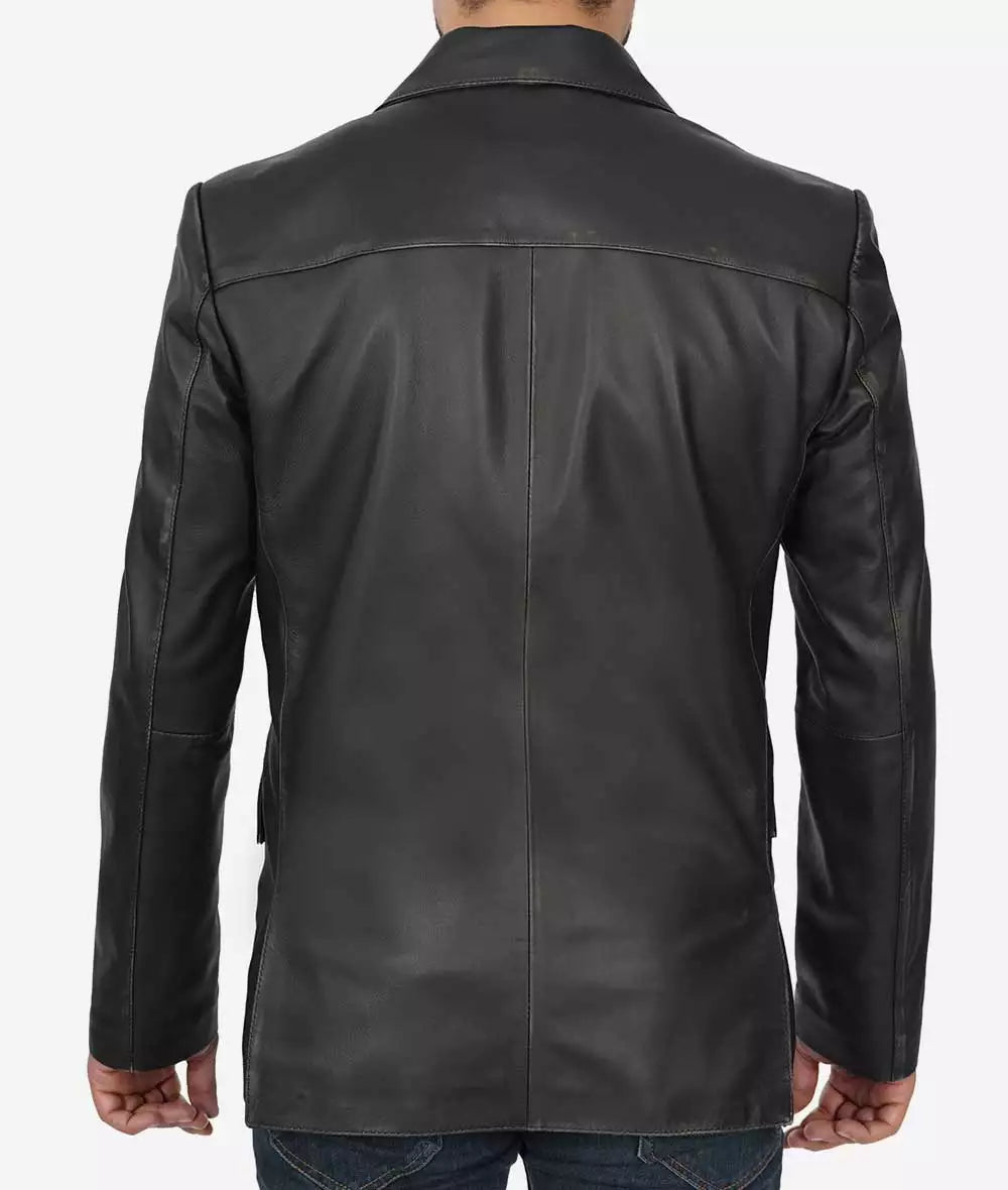 Mens Notch Lapel 2 Buttons Black Lambskin Leather Blazer LSM-0070