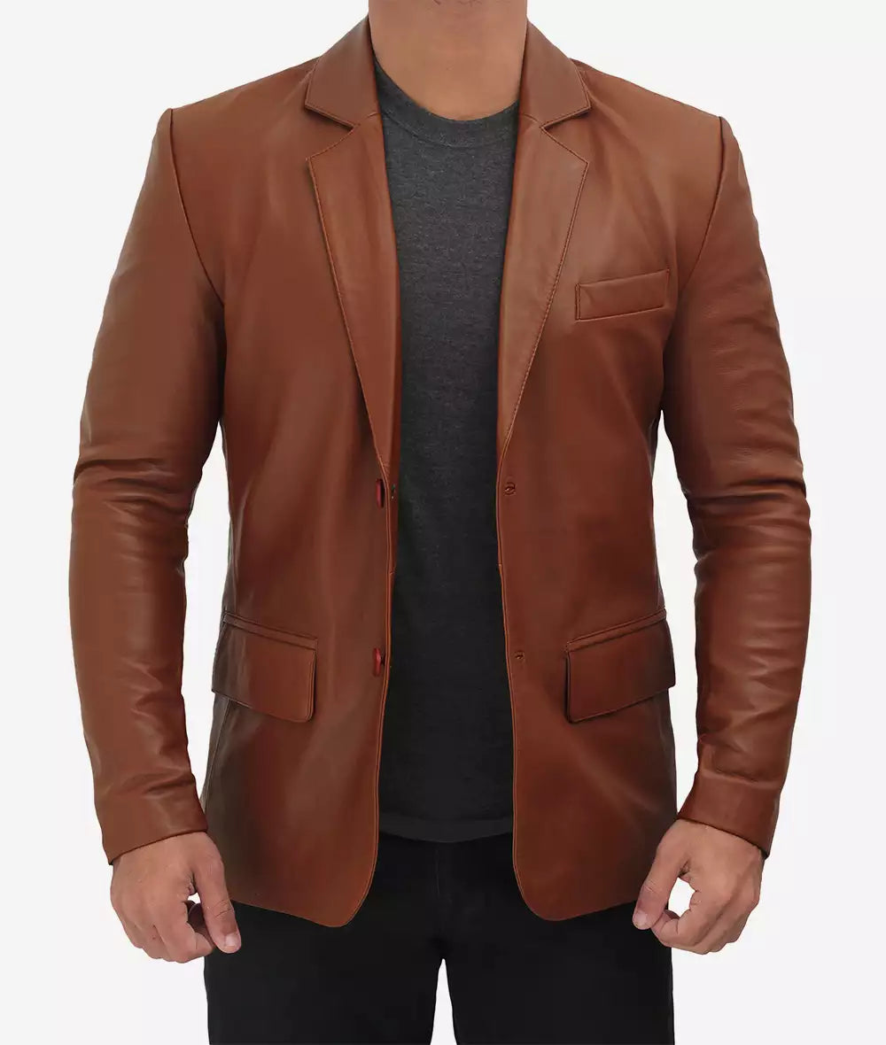 Mens Premium Two Button Cognac Leather Blazer LSM-0071