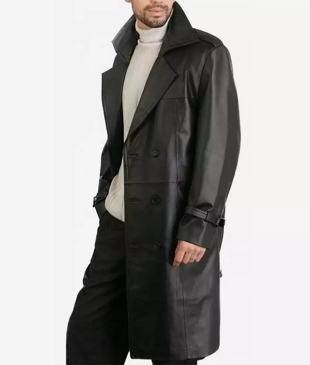 Mens Premium Double-Breasted Black Lambskin Leather Coat LSM-0080