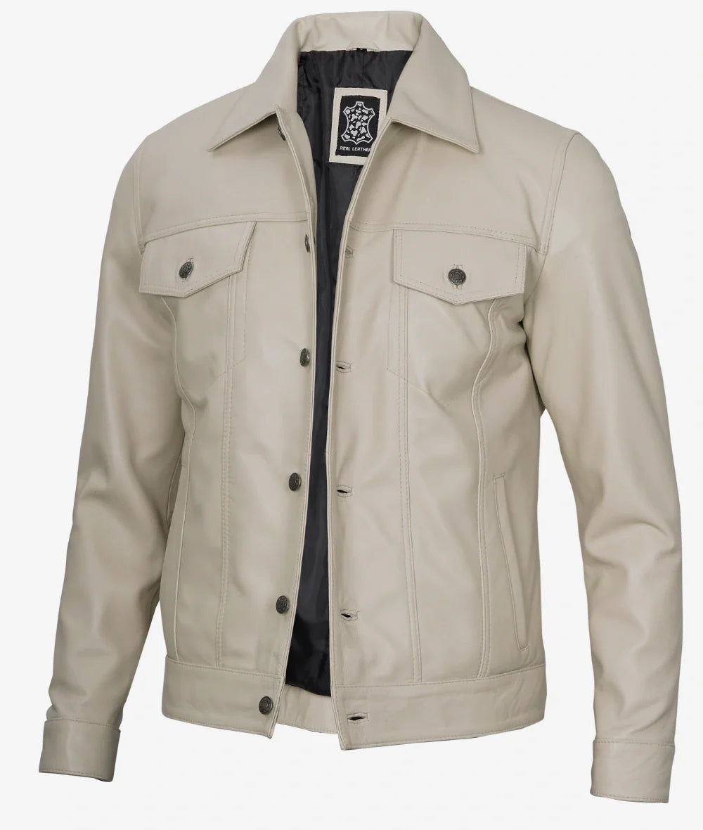 Men's Real Lambskin Leather Beige Trucker Jacket LSM-0036