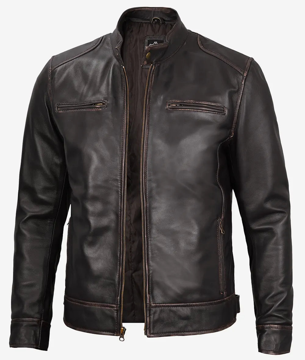 Men's Real Leather Vintage Brown Cafe Racer Jacket LSM-0038