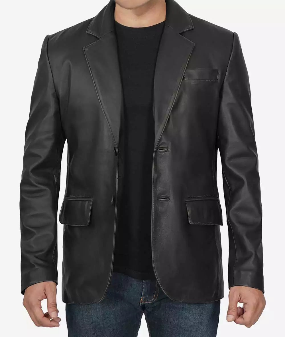 Mens Notch Lapel 2 Buttons Black Lambskin Leather Blazer LSM-0070