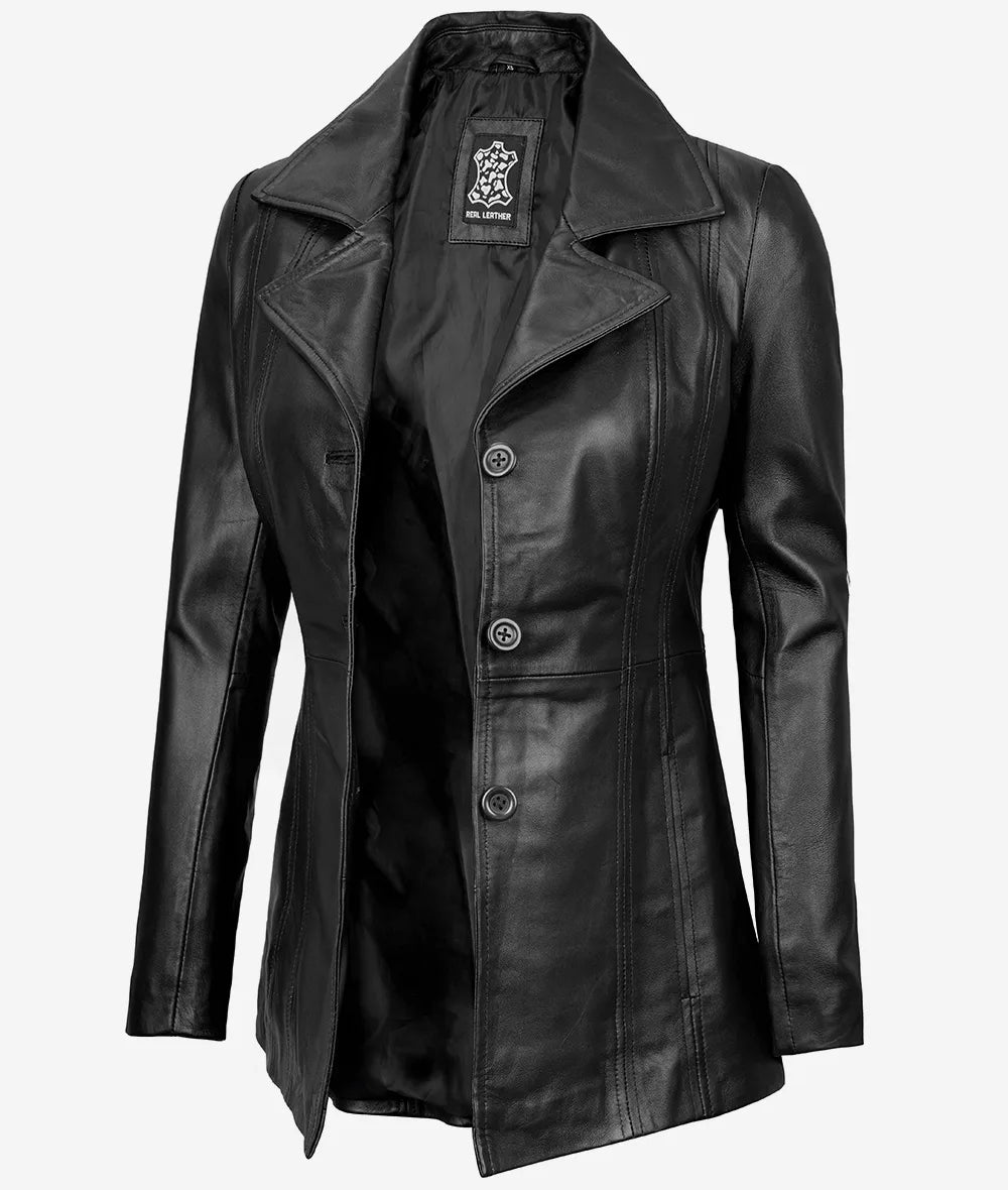 Bitonto Womens 3/4 Length Black Leather Coat LSW-0103